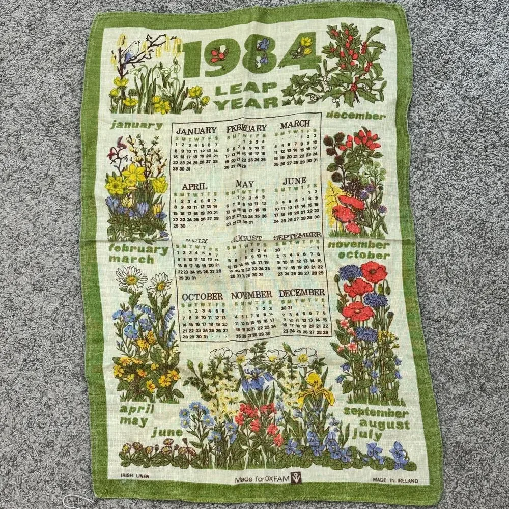 Vintage 1984 Calendar Towel Irish Linen Leap Year Floral 18x28